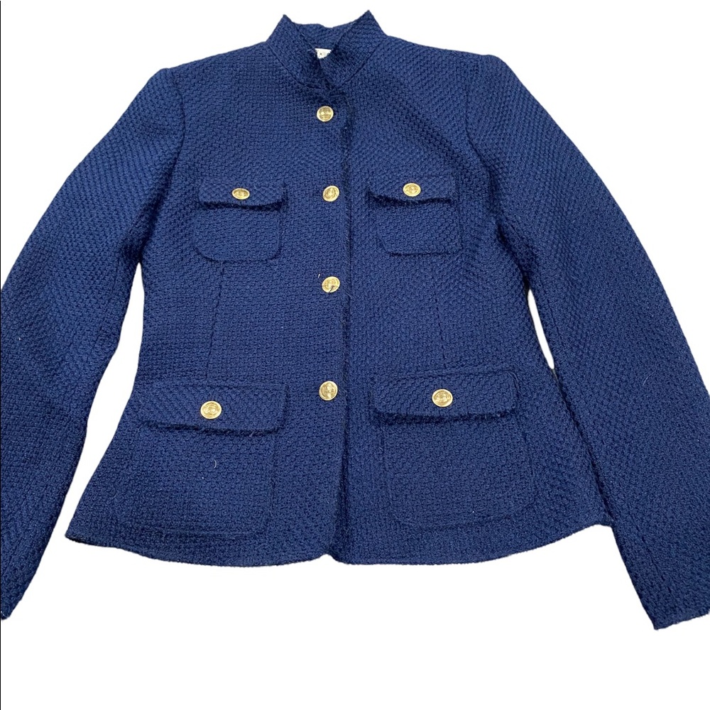 Max Studio Patch Pocket Weave Blazer Jacket Women’s Gold Button Blue Medium